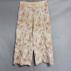 ELA Monstera Leaf Embroidered Wide Leg Crop Pants Womens Size 10 Tan‎ Tropical